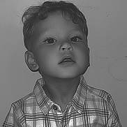 Lyann participe au concours pour gagner de l'argent avec cette photo : child, boy, portrait, curly_hair, plaid_shirt, buttoned_shirt, face, expression, indoor, young, curious, monochrome, black_and_white, casual_clothing, head_and_shoulders, looking_up, person, shirt, texture, wall