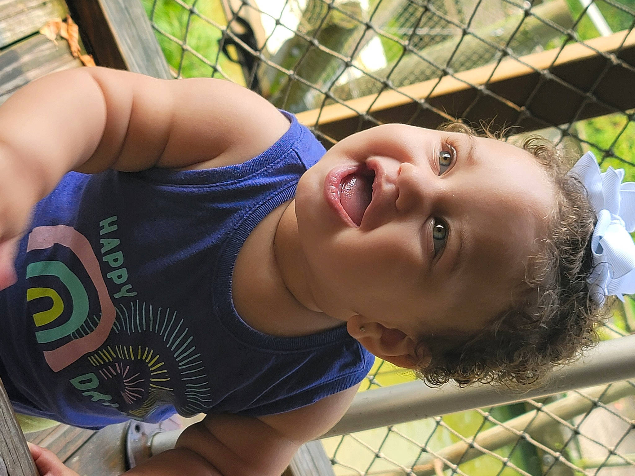 Melanie Jaye is registered to the contest to win money with this photo: child, chin, cool, elbow, fence, fun, grass, happy, leisure, lip, mesh, mouth, neck, nose, people_in_nature, person, recreation, skin, smile, toddler