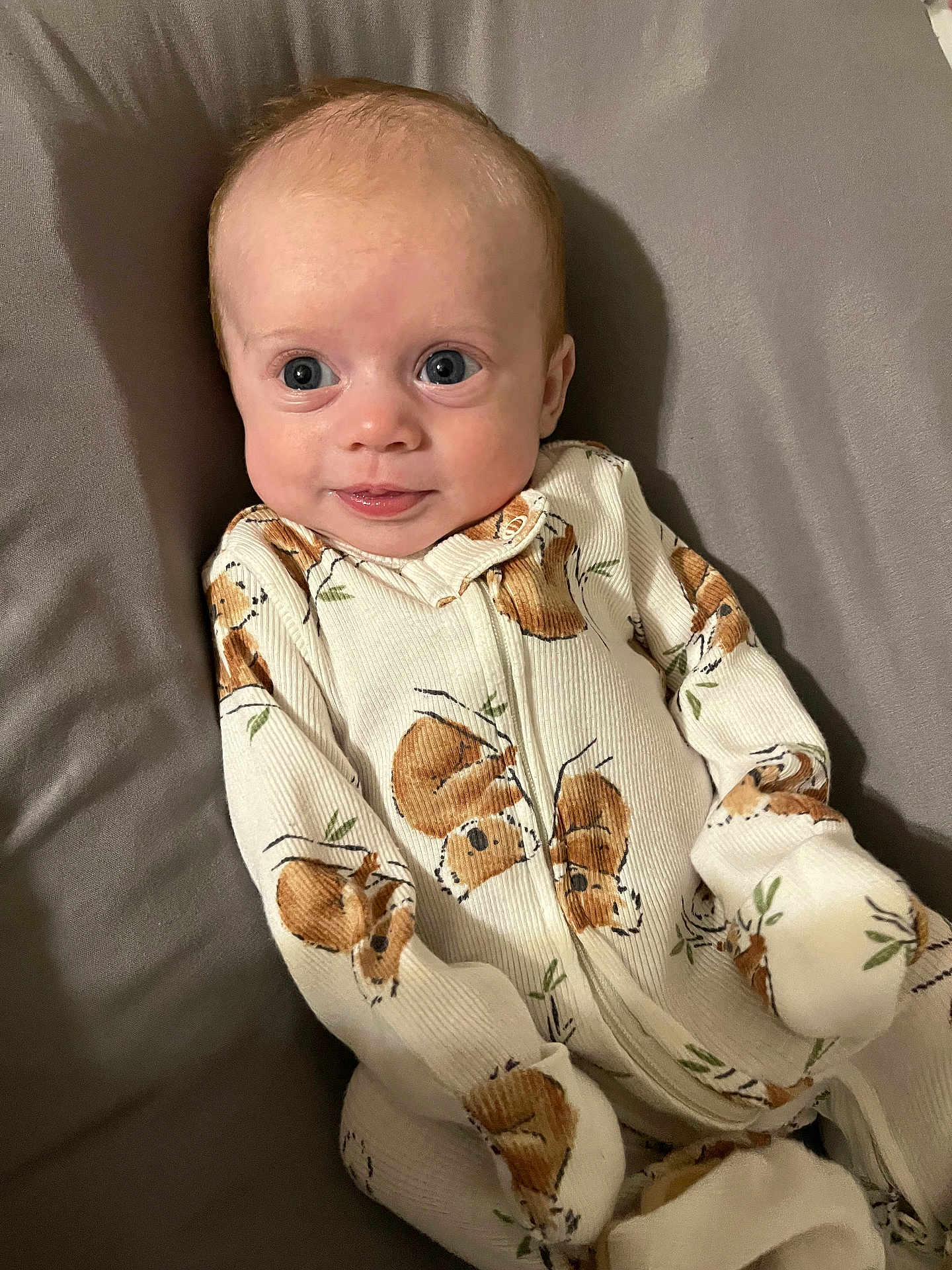 Avery is registered to the contest to win money with this photo: baby, infant, onesie, sleepwear, patterned_clothing, fox_pattern, cute, smiling, face, blue_eyes, head, skin, child, lying_down, soft_surface, cozy, comfort, portrait, young, indoors