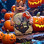Willow joined the competition — help win amazing prizes! baby, child, pumpkin, jack_o_lantern, halloween, orange_bow, backpack, black_cat, smiling, face, cute, holiday, festive, autumn, decorations, glowing, carved_pumpkin, costume, happy, outdoor
