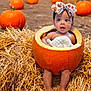 baby, pumpkin, hay, autumn, outdoor, child, bow, orange, cute, festival, fall, nature, smiling, seasonal, portrait, holiday, harvest, ground, decoration, fun