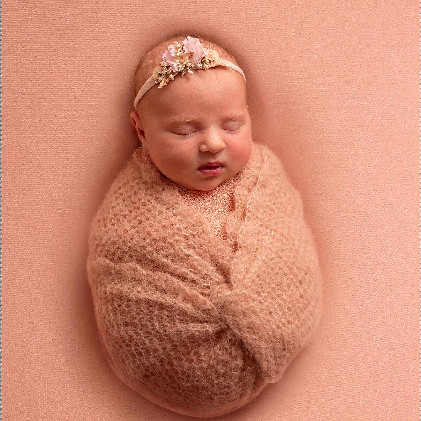 Scarlett joined the competition — help win amazing prizes! baby, blanket, child, closeup, cozy, cute, flower, headband, infant, newborn, peaceful, peach, portrait, resting, sleeping, soft_texture, studio, toddler, warm, wrapped