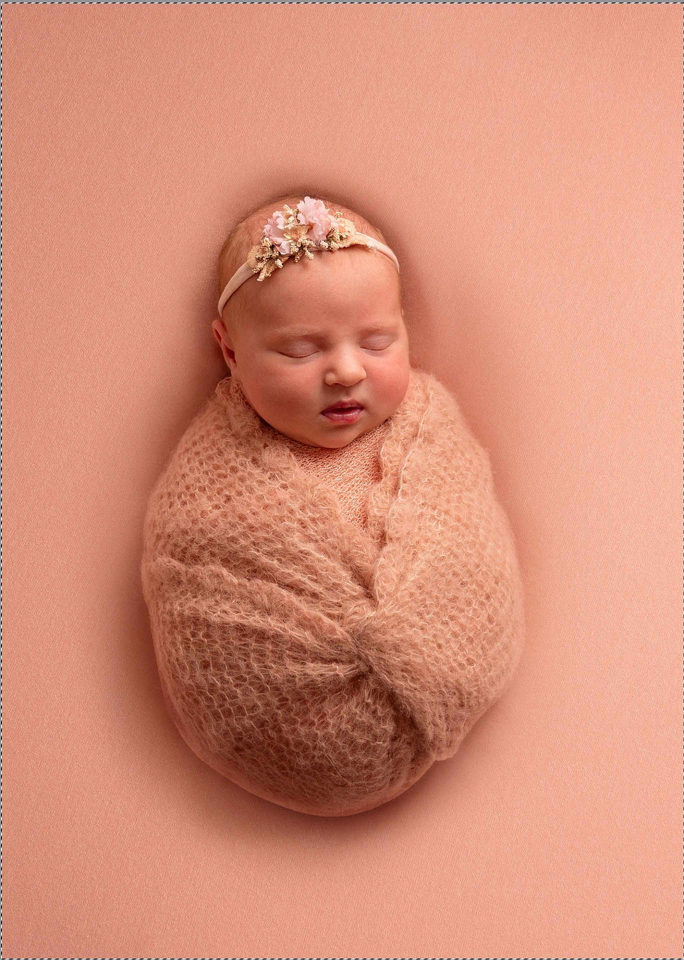 Scarlett joined the competition — help win amazing prizes! newborn, baby, sleeping, wrapped, blanket, headband, flower, soft_texture, peach, portrait, infant, cute, peaceful, studio, cozy, closeup, child, toddler, resting, warm