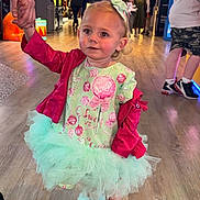 Dayla-Marie joined the competition — help win amazing prizes! toddler, child, indoor, arcade, floor, holding_hands, dress, tutu, boots, jacket, person, people, light, background, hand, hair_bow, smiling, walking, casual_clothing, public_space
