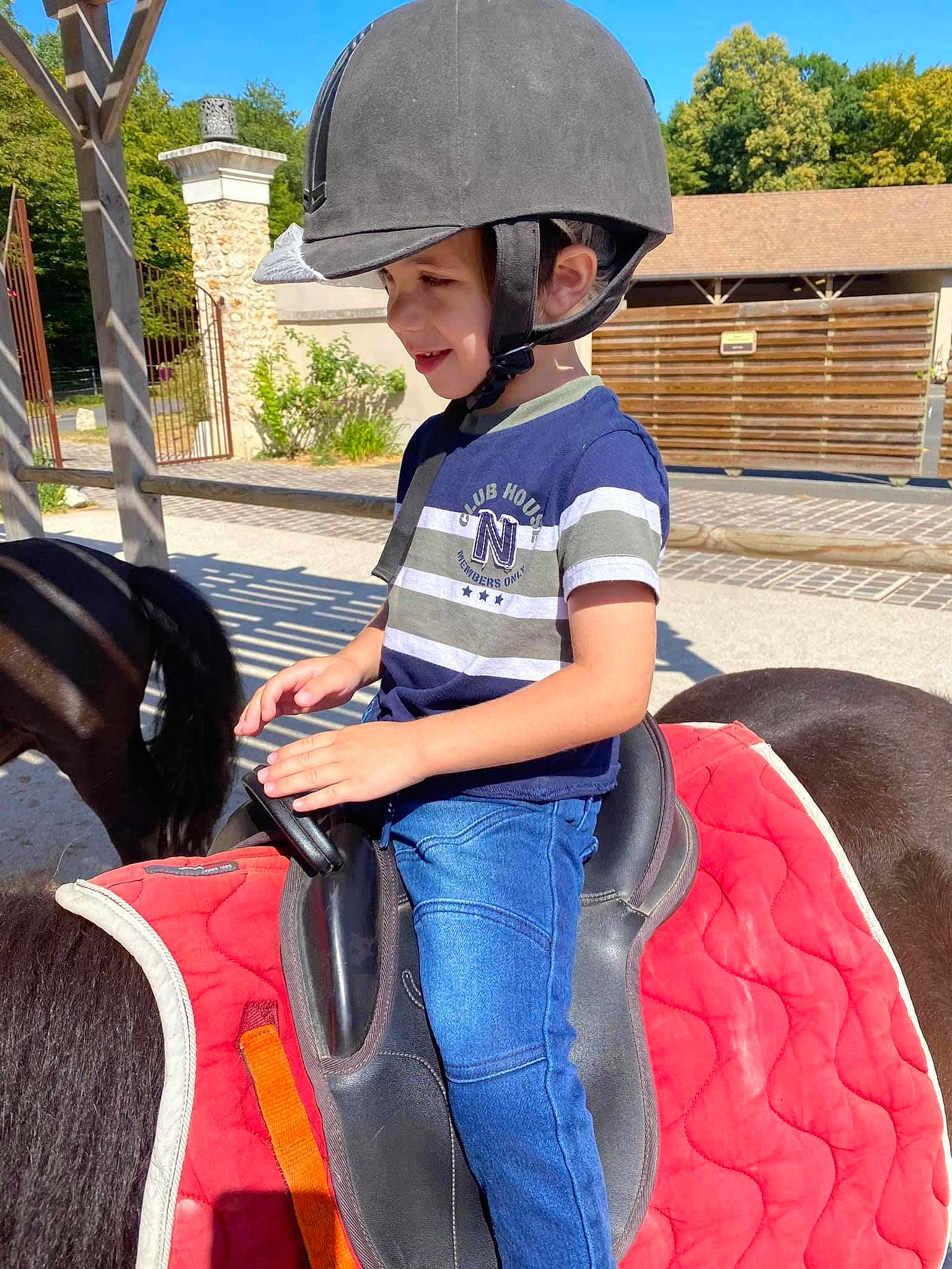 Mathis participe au concours pour gagner de l'argent avec cette photo : animal_sports, bridle, child, equestrian_helmet, equestrian_sport, equestrianism, fashion_accessory, fun, headgear, headwear, horse, horse_tack, leisure, person, personal_protective_equipment, recreation, rein, style, vacation, youth