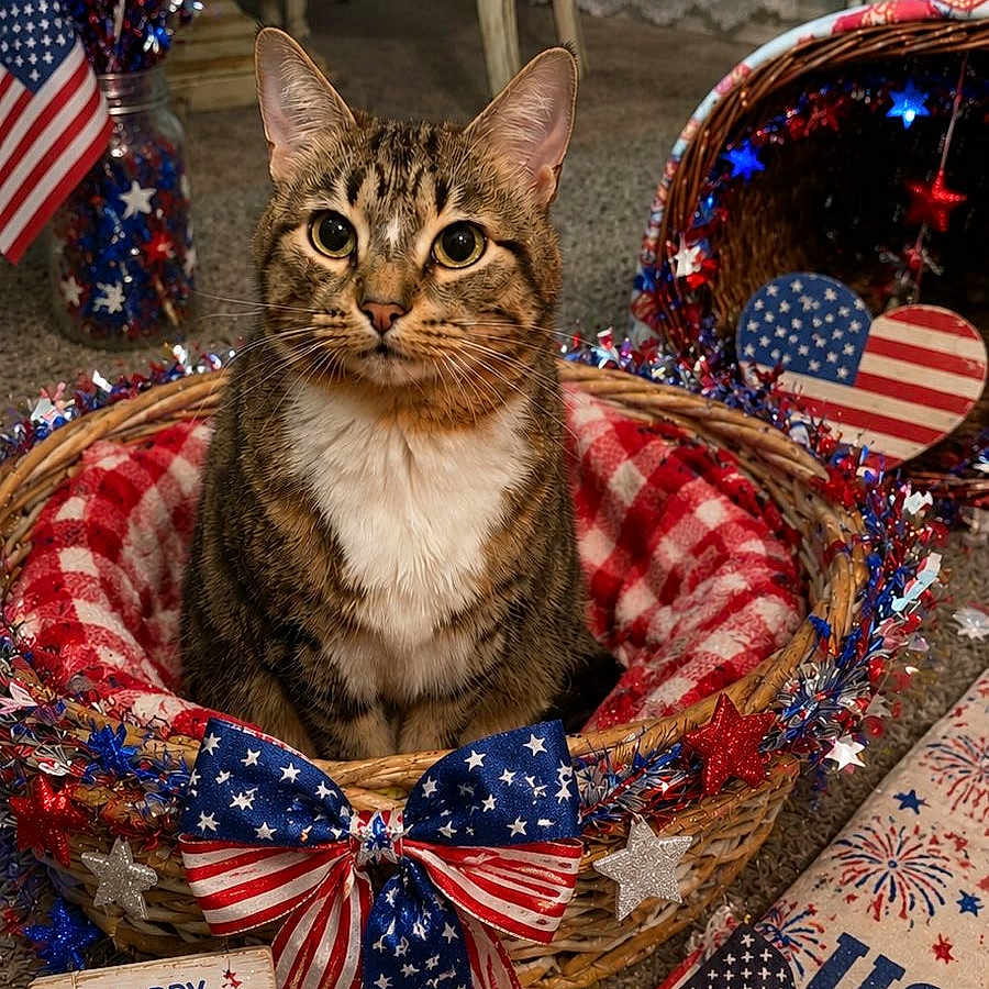 Allana joined the competition — help win amazing prizes! cat, tabby_cat, basket, patriotic, fourth_of_july, red_white_blue, american_flag, bow, stars, decorations, indoor, carpet, holiday, celebration, plaid_blanket, heart, festive, table, chair, flag