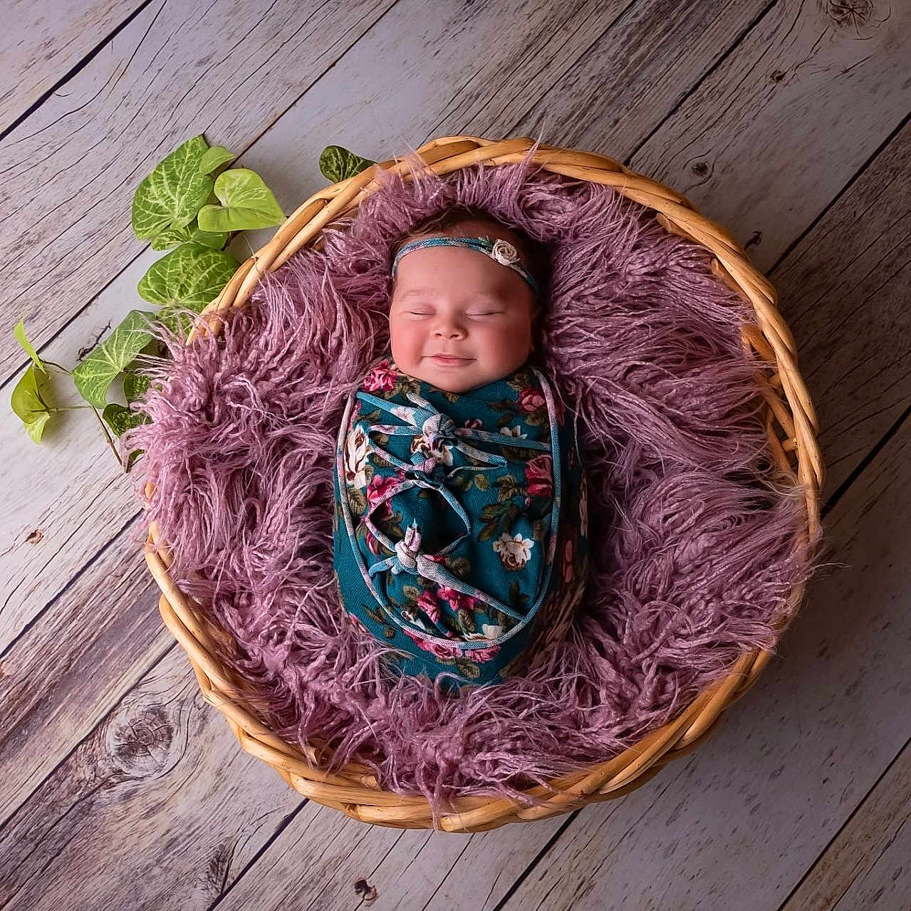 Zenayla joined the competition — help win amazing prizes! baby, basket, cozy, cute, fabric, floral, green_leaves, headband, indoors, infant, newborn, peaceful, portrait, purple, resting, sleeping, soft_texture, swaddle, wooden_floor, wrapped