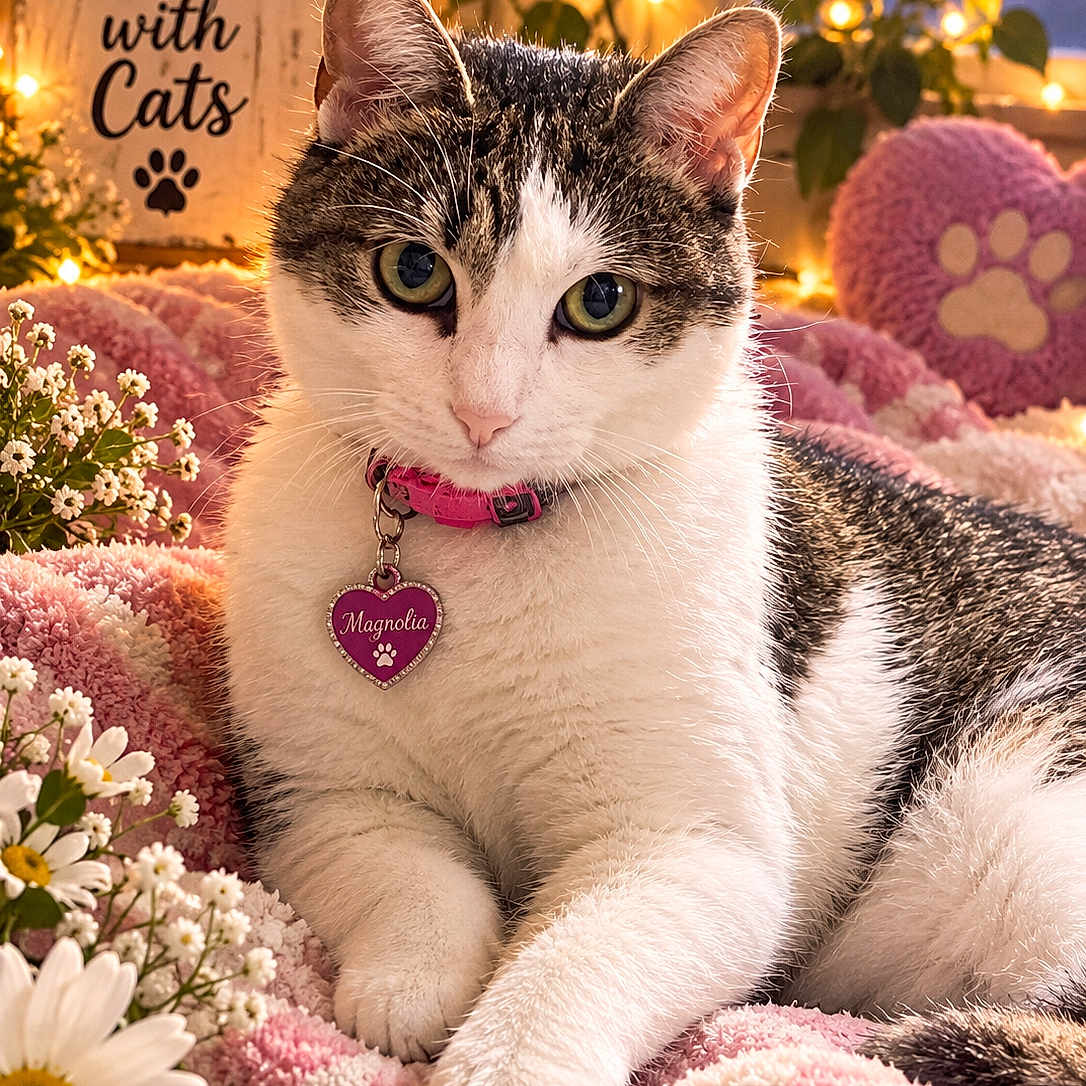 Magnolia joined the competition — help win amazing prizes! cat, tuxedo_cat, pet, animal, portrait, close_up, sitting, lying_down, green_eyes, pink_collar, name_tag, heart_tag, blanket, pink, flowers, daisies, fairy_lights, paw_print, indoor, cozy