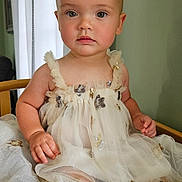 Baylin joined the competition — help win amazing prizes! child, toddler, dress, sparkles, headband, sitting, chair, indoors, portrait, baby, face, calm, cute, furniture, wall, natural_light, young_child, person, fashion, soft_colors