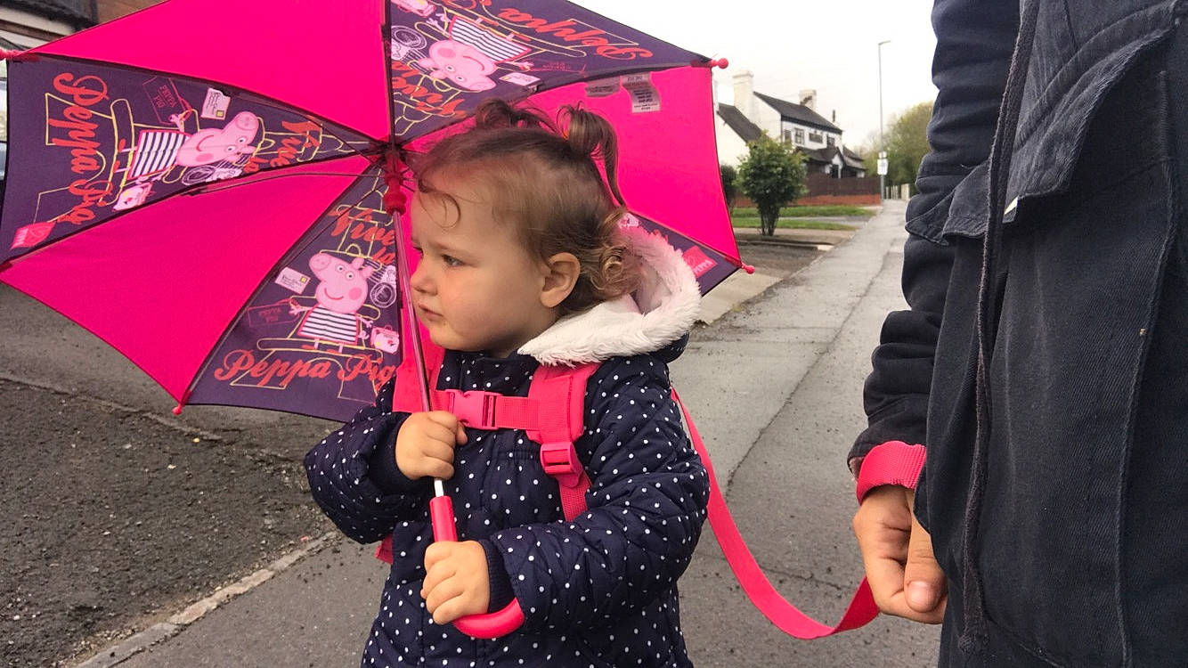 Skyla-rose joined the competition — help win amazing prizes! auto_part, child, fashion_accessory, magenta, person, pink, rain, toddler, umbrella