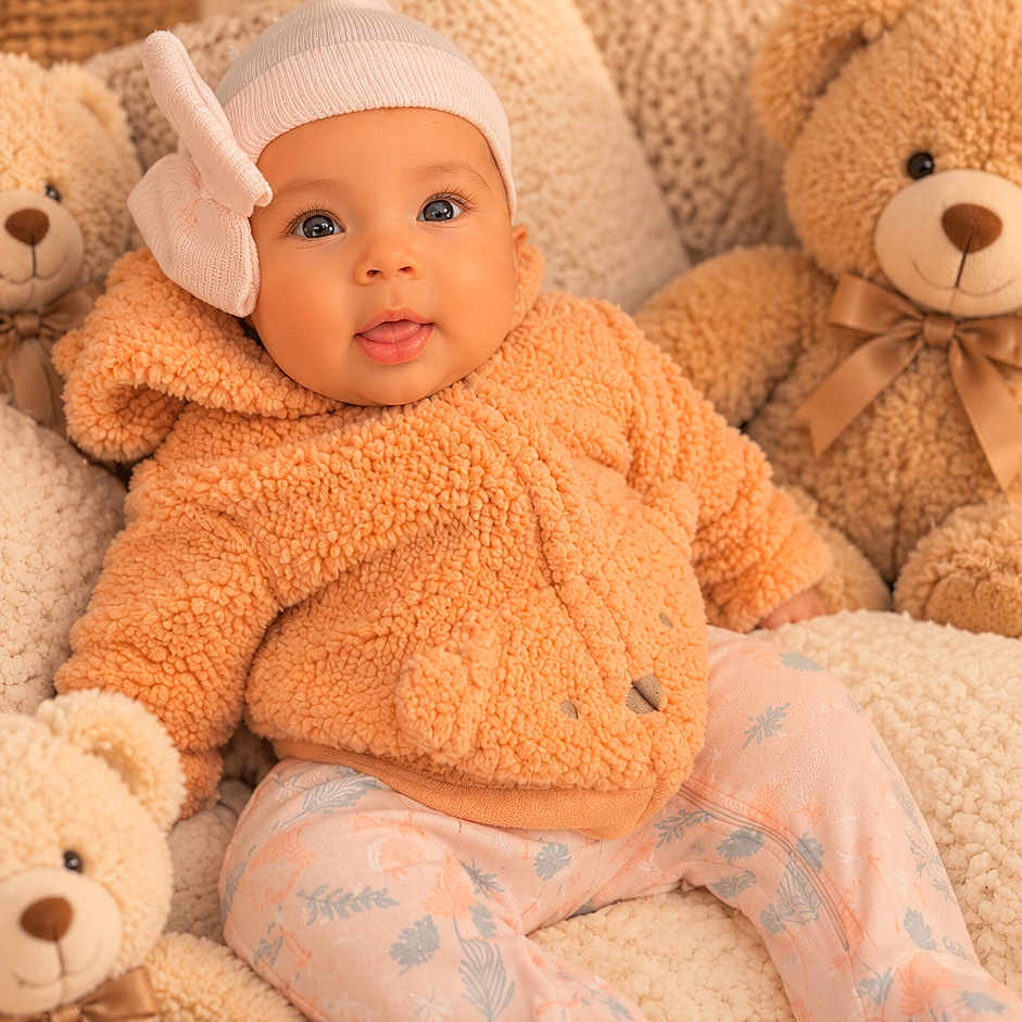 Zara is registered to the contest to win money with this photo: baby, child, infant, portrait, smiling, sitting, plush_toys, teddy_bear, cozy, nursery, indoor, warm_lighting, peach_outfit, winter_hat, bow, blanket, couch, cuddly, happy, photography