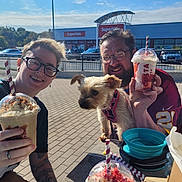 Peaches is registered to the contest to win money with this photo: adult, architecture, beverage, building, cream, cup, dessert, disposablecup, face, food, head, icecream, icing, juice, male, man, outdoors, person, photography, portrait