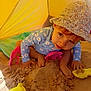 toddler, child, sand, beach, hat, sunhat, swimsuit, daisy_pattern, toy, plastic_toy, yellow, pink, blue, outdoor, playing, sandcastle, tent, summer, barefoot, cute