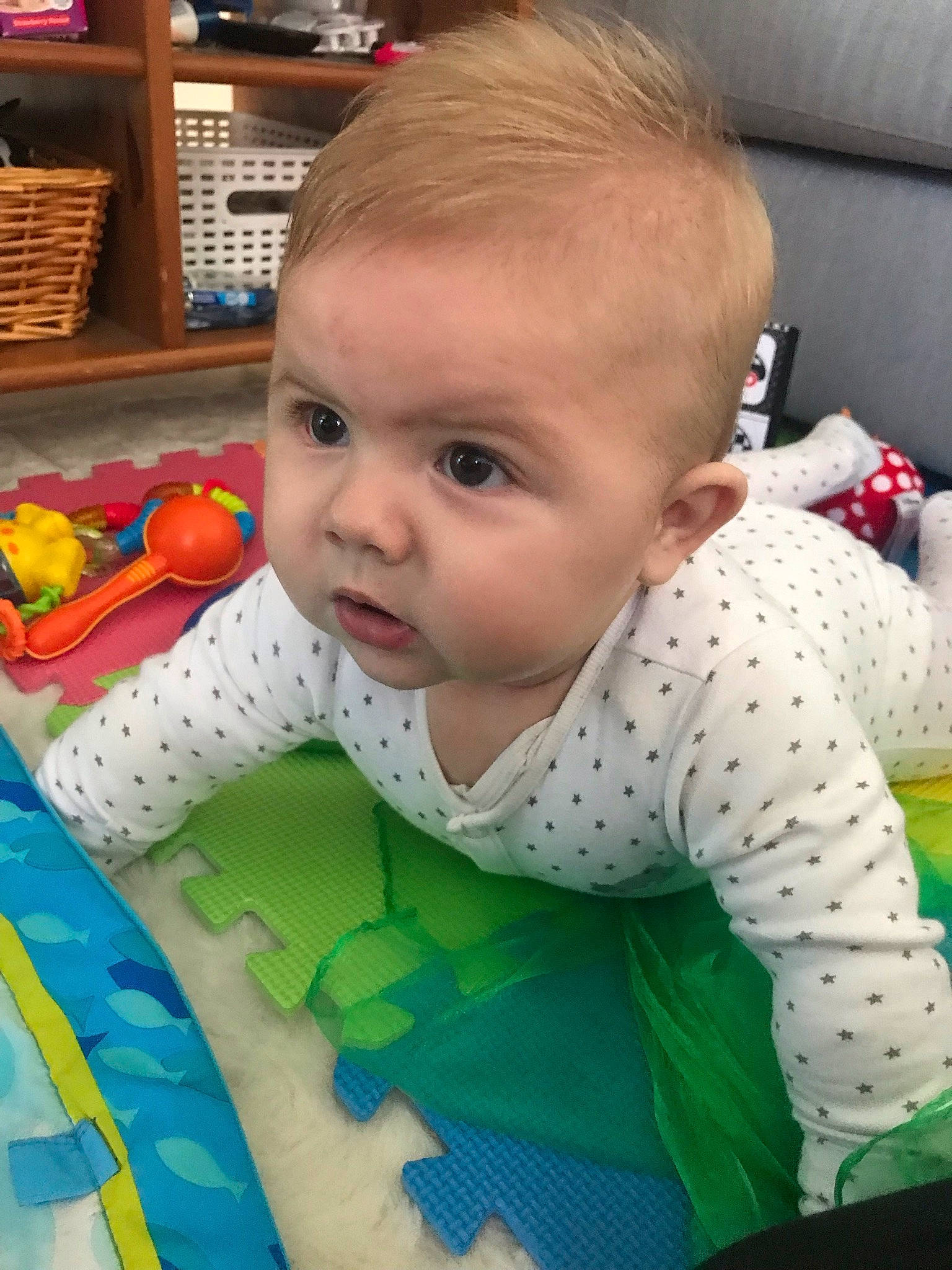 Frankie joined the competition — help win amazing prizes! baby, baby_products, baby_toddler_clothing, beauty, cheek, child, facial_expression, flooring, fun, grass, happy, human_body, iris, linens, nose, person, product, skin, sleeve, t_shirt