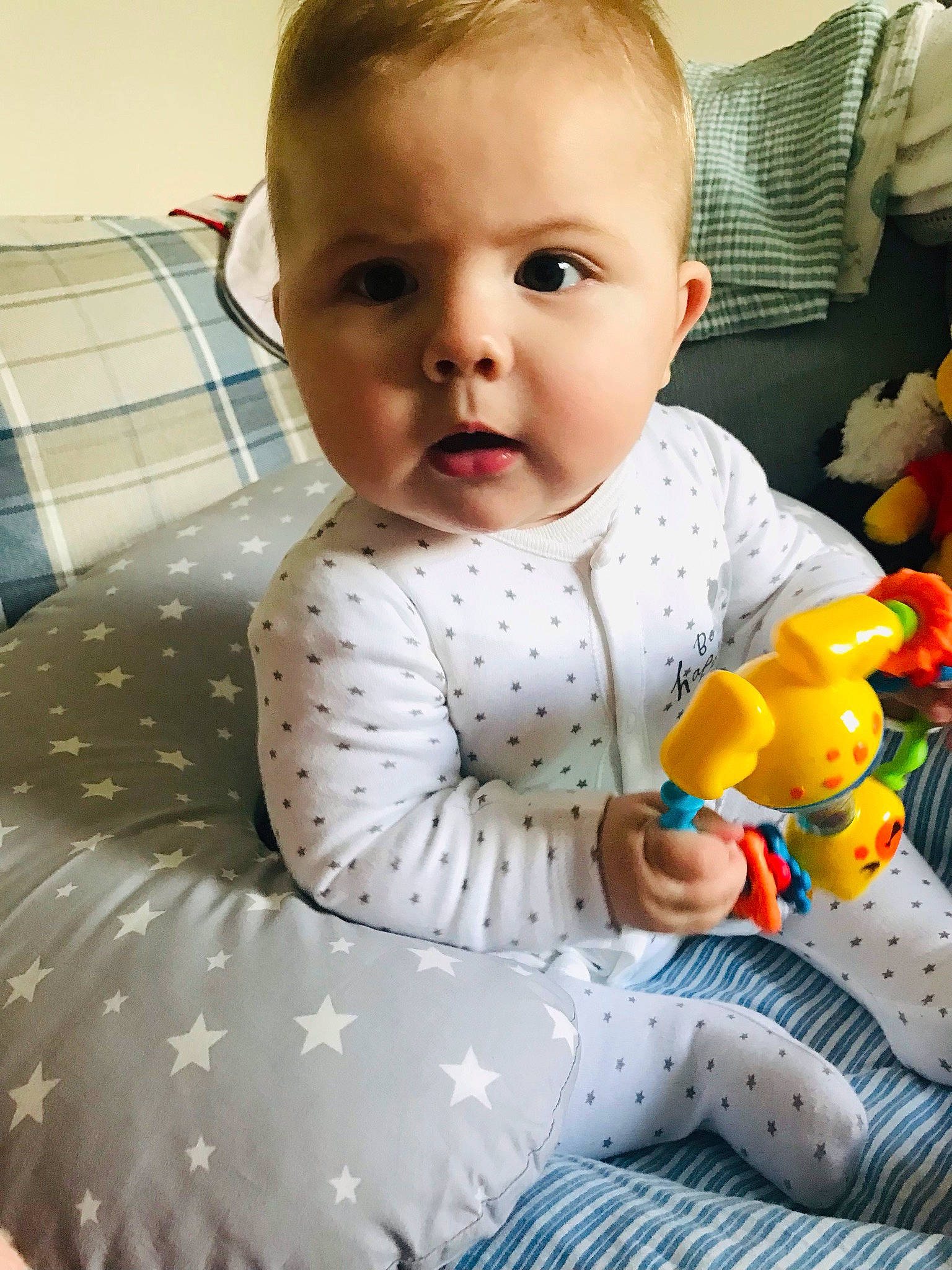 Frankie joined the competition — help win amazing prizes! baby, baby_products, baby_toddler_clothing, beauty, cheek, child, comfort, flooring, fun, hairstyle, happy, iris, linens, pattern, person, room, sitting, skin, sleeve, toddler