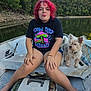 adventure, boat, casual_clothing, companionship, dog, fishing_rod, forest, happy, lake, nature, outdoor, person, pet, red_hair, relaxation, small_dog, summer, tackle_box, tongue_out, water