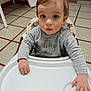 baby, child, curious, eyes, face, floor_tiles, furniture, grey_shirt, hands, high_chair, home, indoor, long_sleeves, person, portrait, robot_design, seated, serious_expression, toddler, young_child