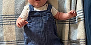 Rowan joined the competition — help win amazing prizes! baby, infant, child, blue_romper, white_shirt, plaid_blanket, lying_down, soft_texture, curious_expression, indoor, cute, small_hands, small_feet, newborn, portrait, person, human, casual_clothing, relaxed, cozy