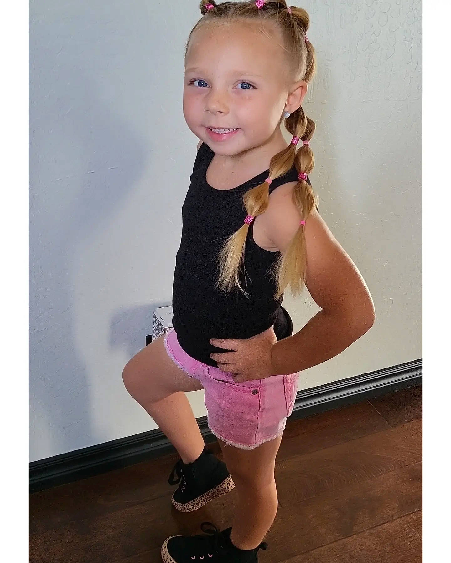 Hartley joined the competition — help win amazing prizes! chest, eye, face, flash_photography, hair, human_leg, joint, joy, knee, magenta, neck, person, pink, purple, shorts, sleeve, smile, sportswear, thigh, toddler