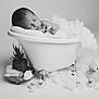 baby, newborn, bathtub, rubber_ducks, cotton_bubbles, plant, brush, sleeping, black_and_white, studio, portrait, infant, cute, decor, toy, soft, peaceful, small, child, resting