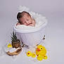 baby, newborn, bathtub, foam, bubbles, rubber_duck, toy, plant, wooden_stool, brush, sleeping, cute, infant, white_background, soft_texture, peaceful, portrait, child, indoor, decor