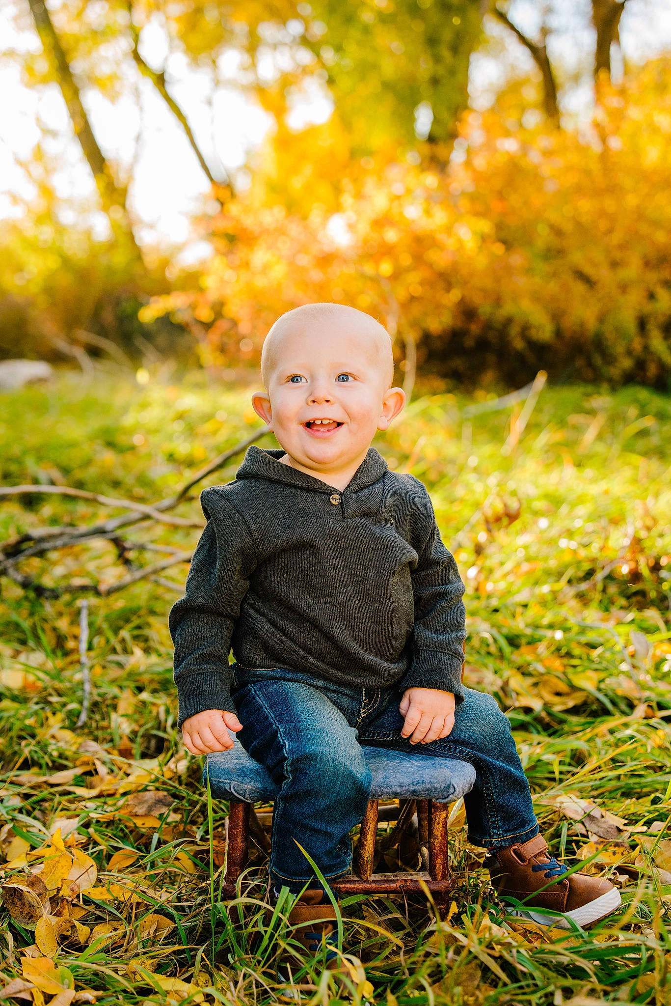 Paul is registered to the contest to win money with this photo: baby_toddler_clothing, branch, deciduous, flash_photography, grass, happy, head, jeans, joy, leaf, orange, people_in_nature, person, photograph, plant, smile, sunlight, toddler, tree, wood