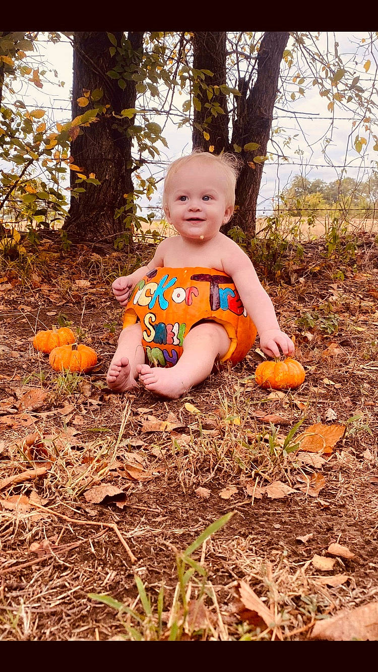 Rowdy joined the competition — help win amazing prizes! calabaza, cucurbita, fun, gourd, grass, happy, joy, mammal, orange, people_in_nature, person, plant, pumpkin, smile, sunlight, toddler, tree, vegetable, vertebrate, wheel