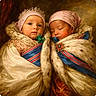 baby, child, infant, pacifier, crown, headwear, royal_clothing, cloak, fur_trim, portrait, sleeping, awake, face, blue_eyes, pink_headscarf, gold_embroidery, red_background, closeup, two_children, costume