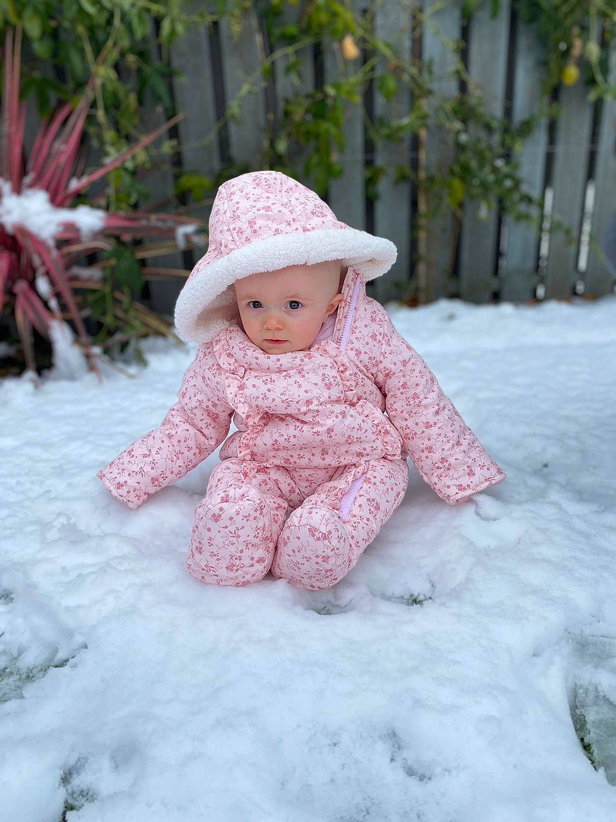 Iyla joined the competition — help win amazing prizes! baby, baby_toddler_clothing, beauty, cap, child, face, fashion_accessory, freezing, grass, headgear, headwear, pattern, person, pink, plant, sitting, skin, sleeve, snow, sun_hat