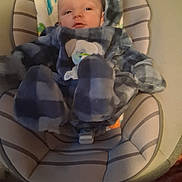 Travis joined the competition — help win amazing prizes! baby, infant, onesie, blue, checkered, plush, baby_seat, striped, cushion, face, head, person, child, indoors, cute, apparel, soft, warm, comfort, expression