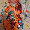 baby, infant, pacifier, onesie, hat, footies, dinosaur_print, colorful_clothing, blanket, soft_texture, cute, sleepy, child, indoors, portrait, newborn, cozy, resting, playful, fabric