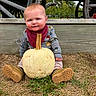 baby, child, infant, pumpkin, autumn, harvest, outdoor, farm, rustic, wagon, wood, sitting, portrait, smiling, blue_eyes, boots, clothing, scarf, grass, fall