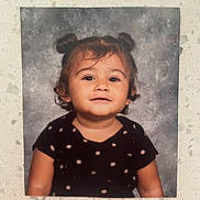 Aliyanna is registered to the contest to win money with this photo: child, toddler, portrait, polka_dot, dress, hair_buns, smile, eyes, cheeks, arm, studio_backdrop, printed_photo, countertop, wall, indoor, cute, young, person, photograph, clothing