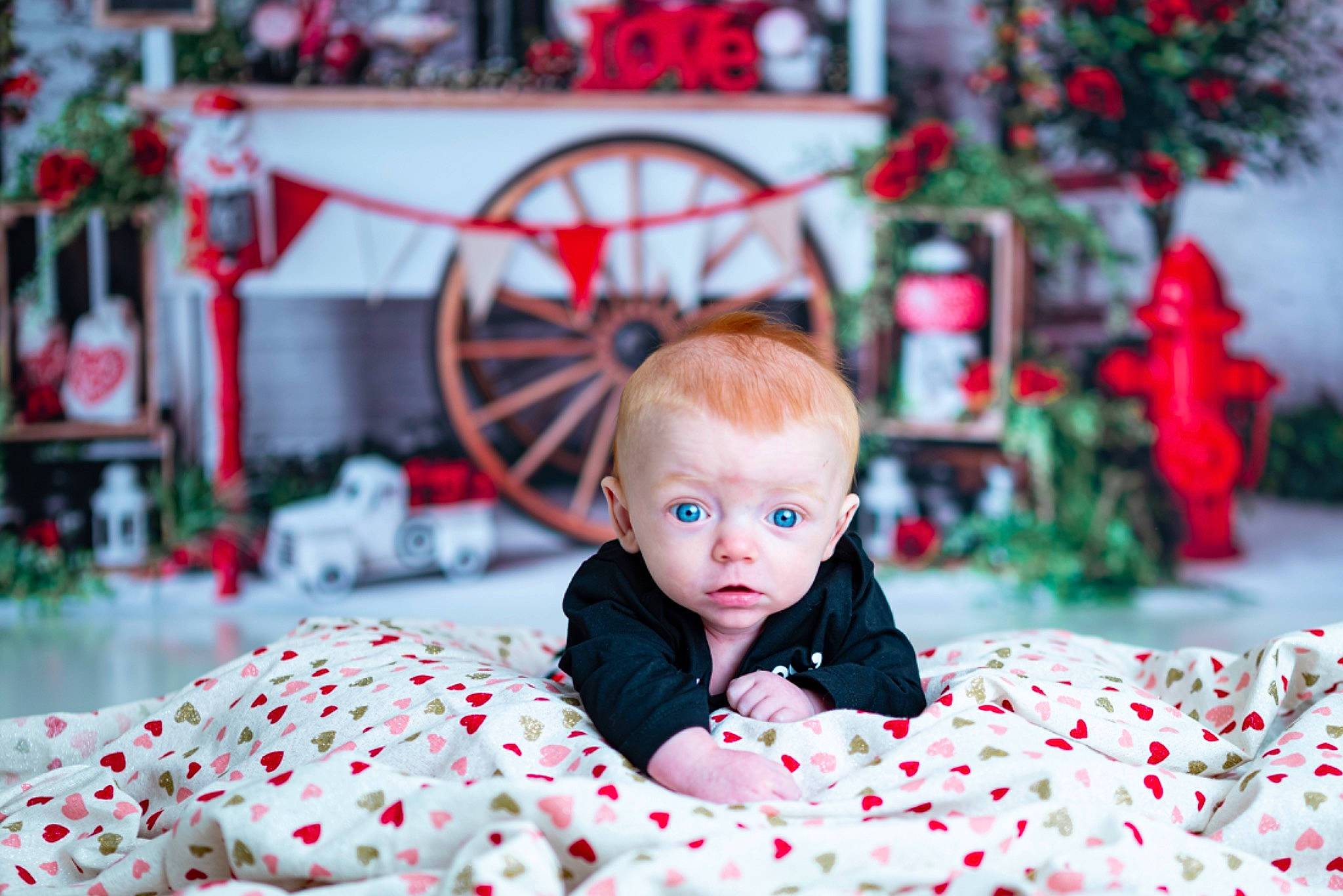 Ashton is registered to the contest to win money with this photo: baby, carmine, child, decoration, event, eye, flash_photography, fun, grass, happy, holiday, leisure, pattern, people_in_nature, person, petal, plant, red, sitting, toddler