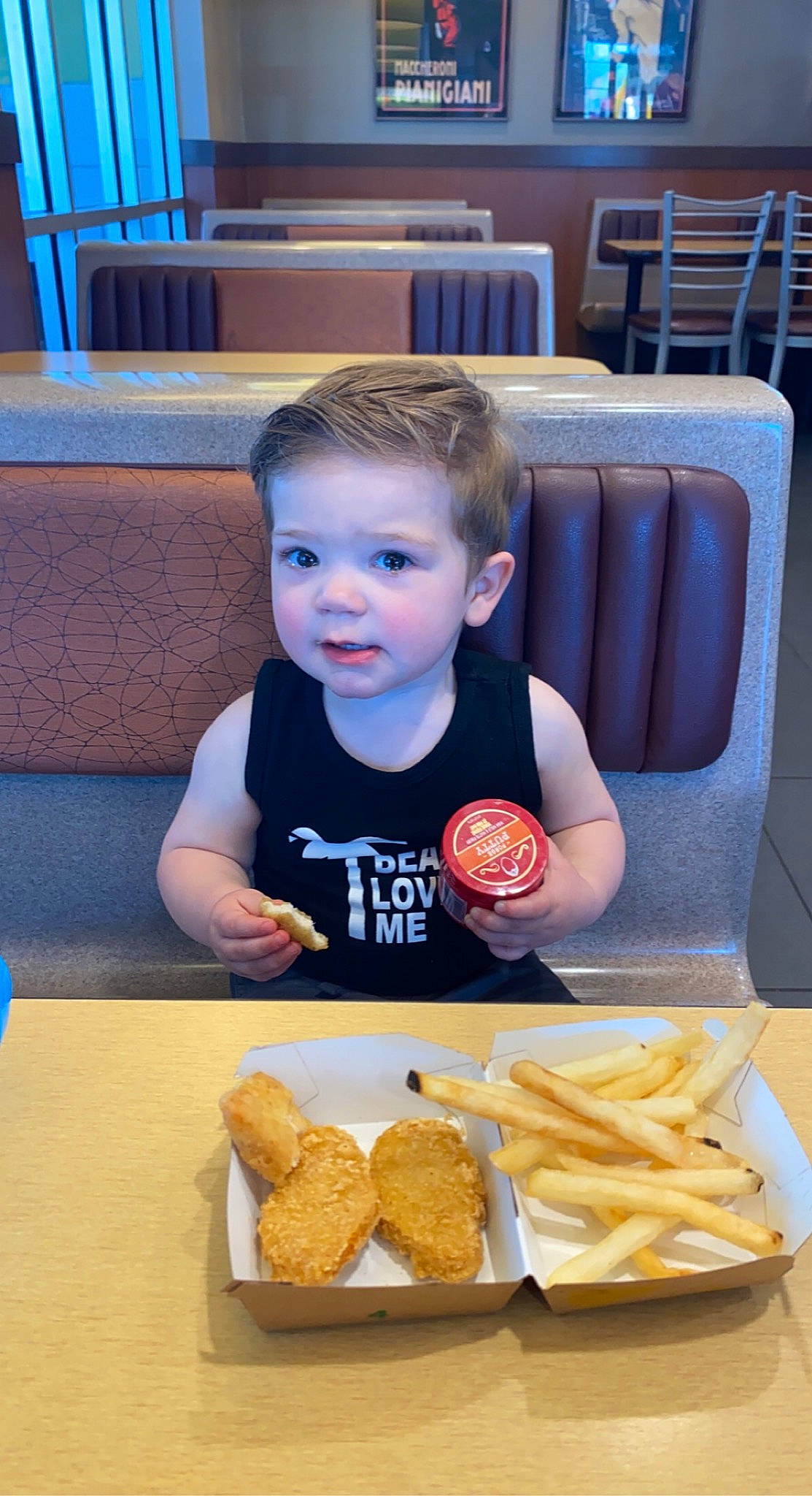 Marty joined the competition — help win amazing prizes! chair, comfort_food, cuisine, dish, fast_food, finger_food, food, food_craving, french_fries, fried_food, furniture, ingredient, junk_food, person, plate, sandwich, staple_food, table, tableware, toddler