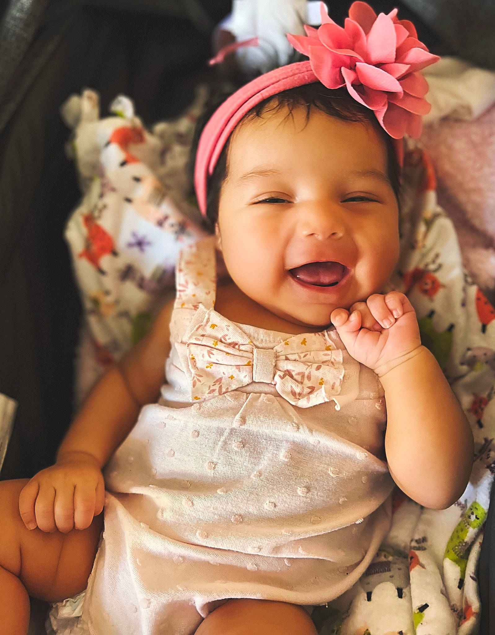 Cecilia joined the competition — help win amazing prizes! baby, baby_toddler_clothing, cheek, chin, dress, finger, fun, hairstyle, happy, head, headwear, human, iris, lip, mammal, mouth, person, pink, skin, sleeve