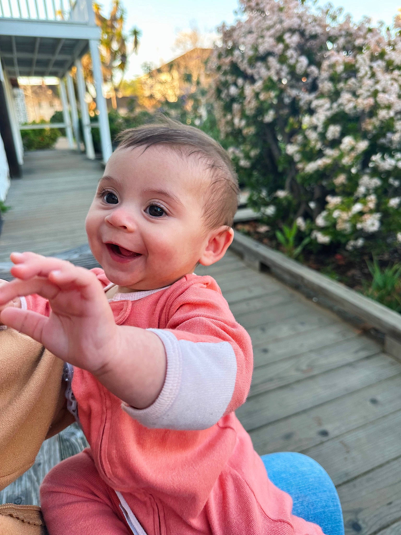 Evelyn is registered to the contest to win money with this photo: baby, baby_toddler_clothing, cheek, eye, flower, gesture, grass, hand, happy, leisure, lip, people_in_nature, person, pink, plant, sitting, skin, smile, summer, toddler