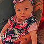 baby, infant, child, floral_outfit, headband, tattoo, arm, hand, person, skin, cute, indoor, holding, closeup, expression, looking_at_camera, clothing, pink, blue, pattern