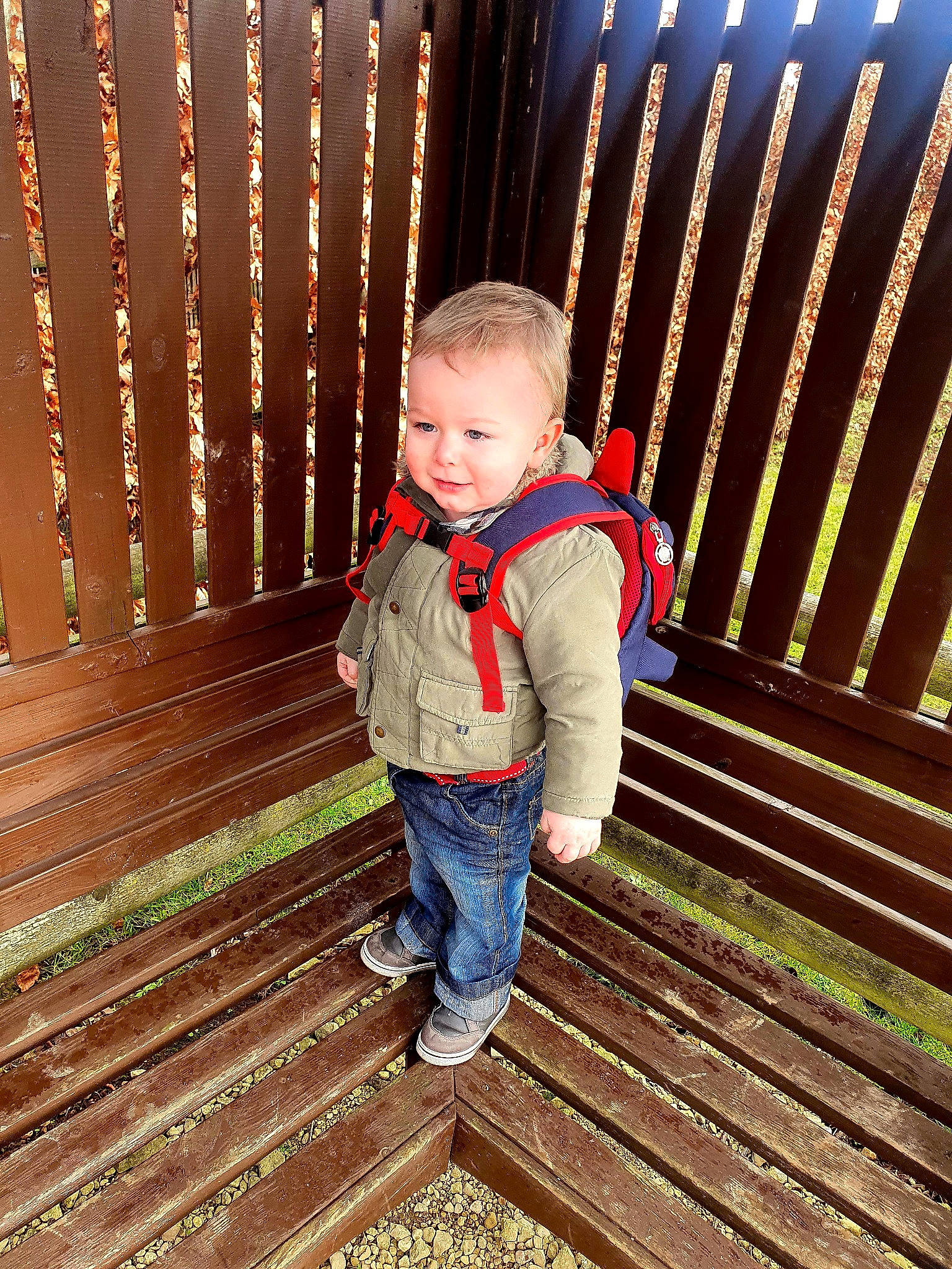 Georgie joined the competition — help win amazing prizes! baby, baby_safety, baby_toddler_clothing, child, electric_blue, flooring, fun, grass, handrail, happy, leisure, pattern, people_in_nature, person, play, playing_with_kids, smile, standing, symmetry, toddler