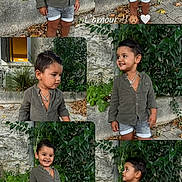 Hicham a rejoint le concours — aidez-le/la à gagner de superbes lots ! child, boy, outdoor, green_shirt, shorts, leafy_background, stone_wall, plants, smiling, posing, casual_clothing, happy, nature, portrait, young_child, curious, candid, multiple_images, collage, expression