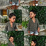 child, boy, outdoor, green_shirt, shorts, leafy_background, stone_wall, plants, smiling, posing, casual_clothing, happy, nature, portrait, young_child, curious, candid, multiple_images, collage, expression