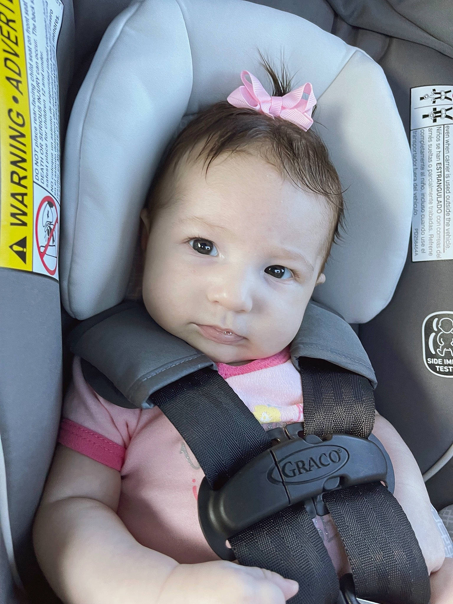 Ashley is registered to the contest to win money with this photo: auto_part, baby, baby_carriage, baby_in_car_seat, baby_products, baby_safety, baby_toddler_clothing, beauty, car_seat, cheek, child, comfort, eyelash, fashion_accessory, happy, nail, person, product, seat_belt, skin