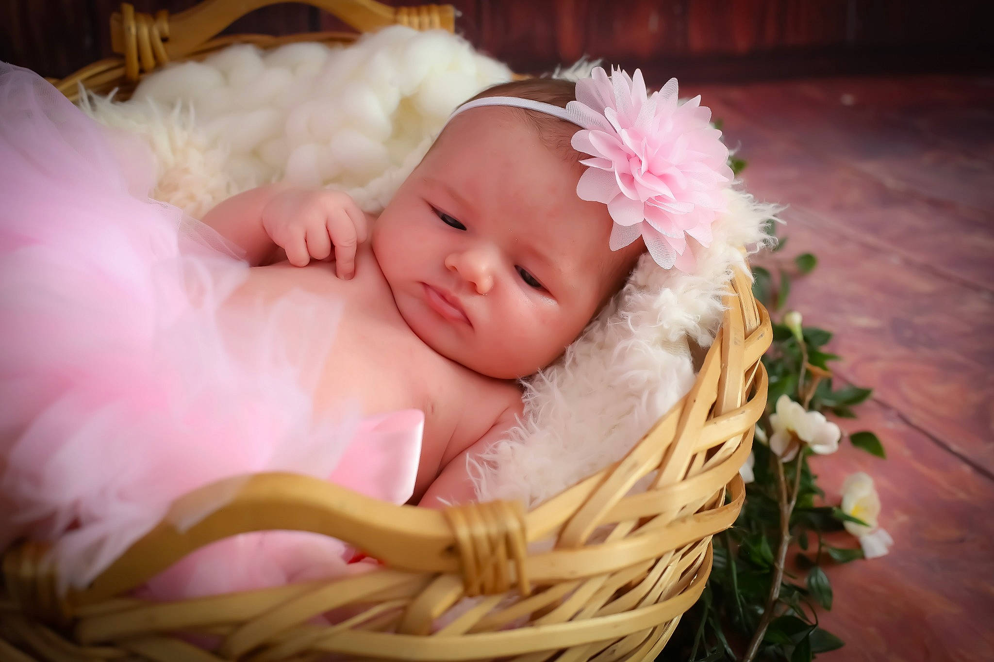 Cataleya participe au concours pour gagner de l'argent avec cette photo : baby, baby_toddler_clothing, basket, child, costume_hat, flash_photography, flower, grass, hair_accessory, happy, headband, headgear, headpiece, headwear, person, petal, picnic_basket, pink, plant, storage_basket