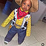 Kyren is registered to the contest to win money with this photo: toddler, child, cowboy_hat, costume, sheriff_badge, bandana, yellow_shirt, cow_print_vest, blue_jeans, indoor, kitchen, tile_floor, serious_expression, person, standing, portrait, clothing, hat, footwear, cute