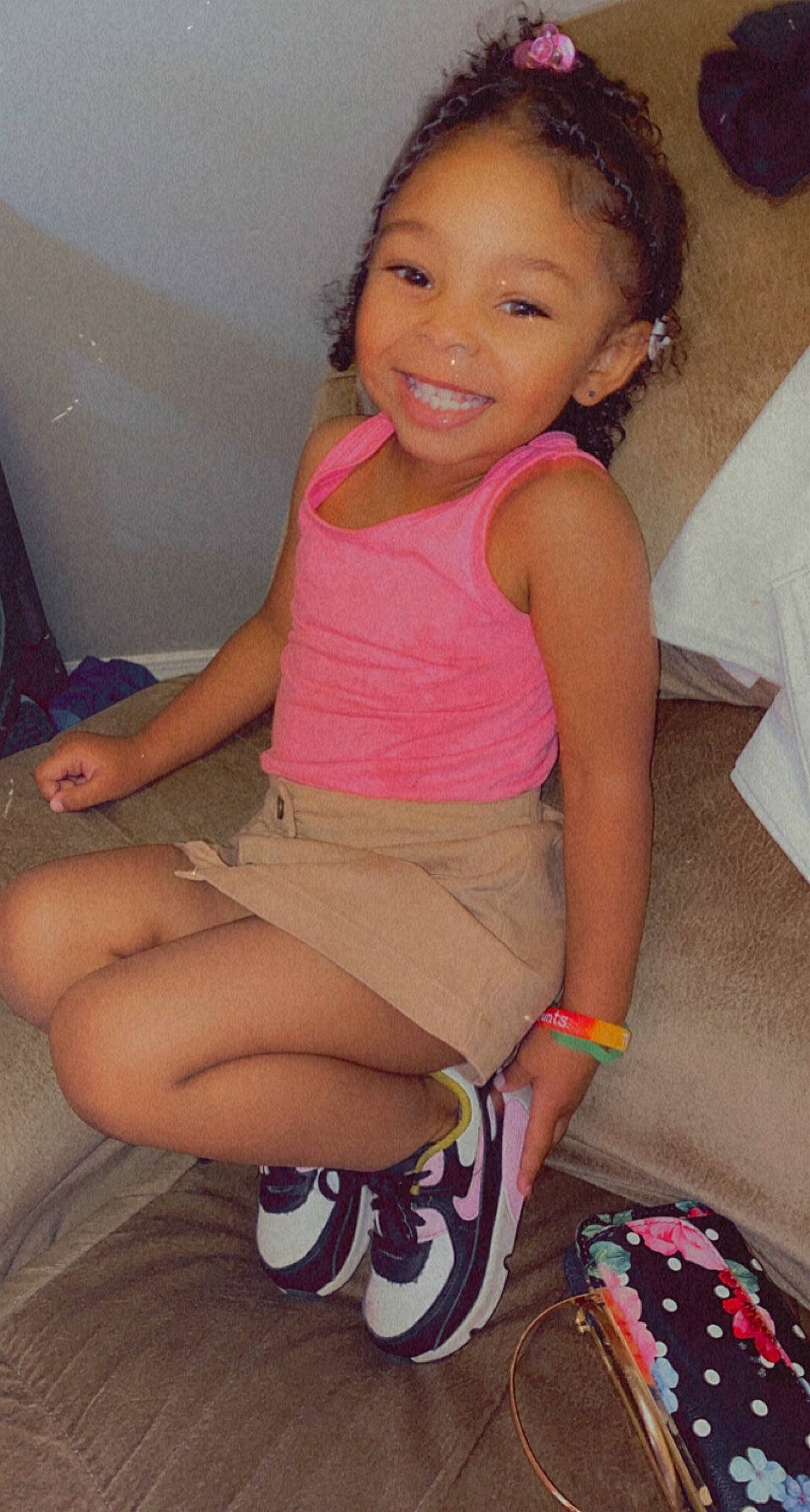 Chyna joined the competition — help win amazing prizes! arm, chair, cool, face, finger, fun, hairstyle, happy, joy, knee, lap, leg, lip, mouth, organ, person, pink, shorts, skin, smile