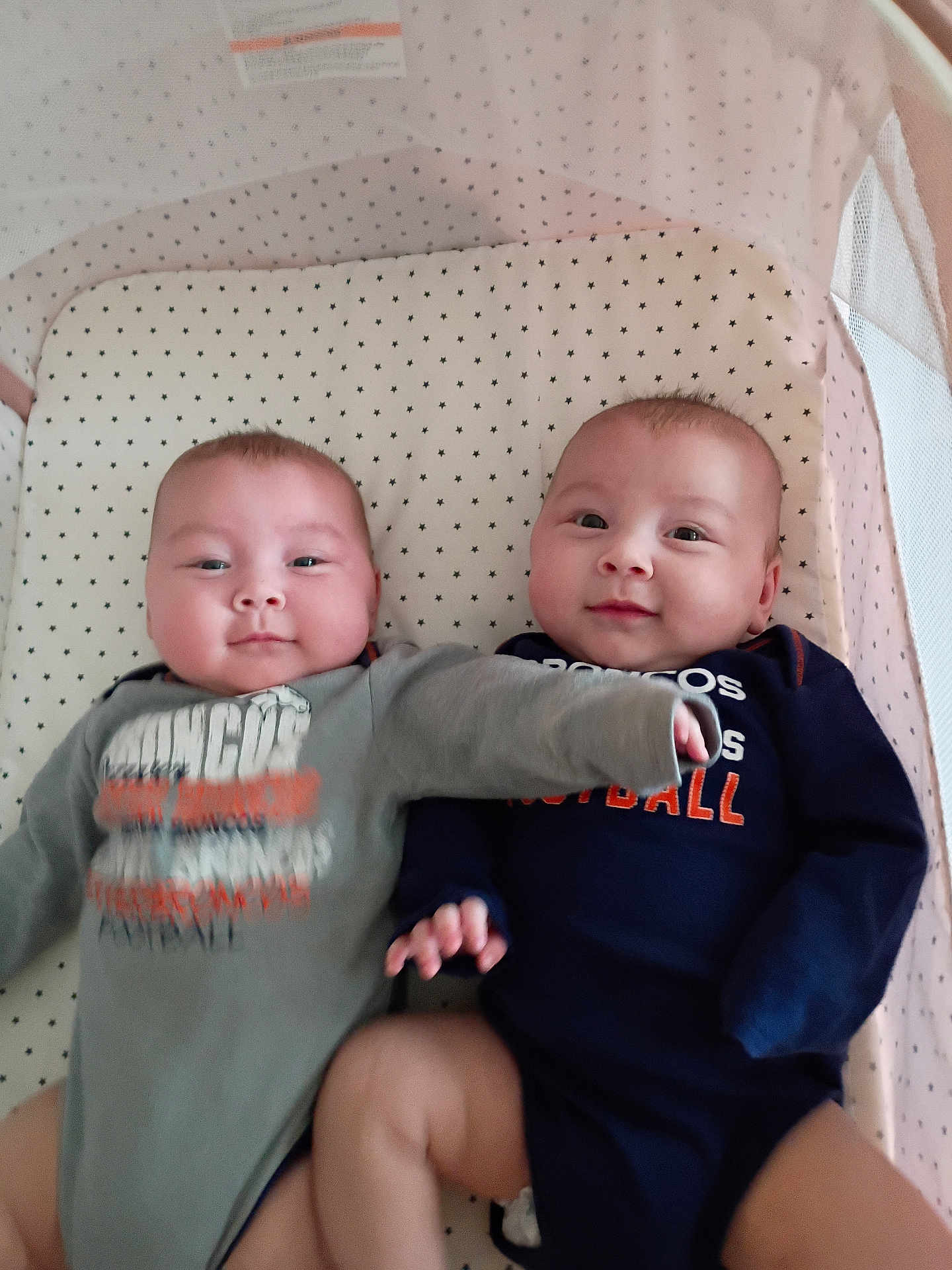 Divinityandserenity joined the competition — help win amazing prizes! baby, infant, crib, bedding, onesie, star_pattern, sleeping_area, child, two_babies, toddler, cute, indoor, resting, smiling, face, person, young_child, arm, fabric, soft