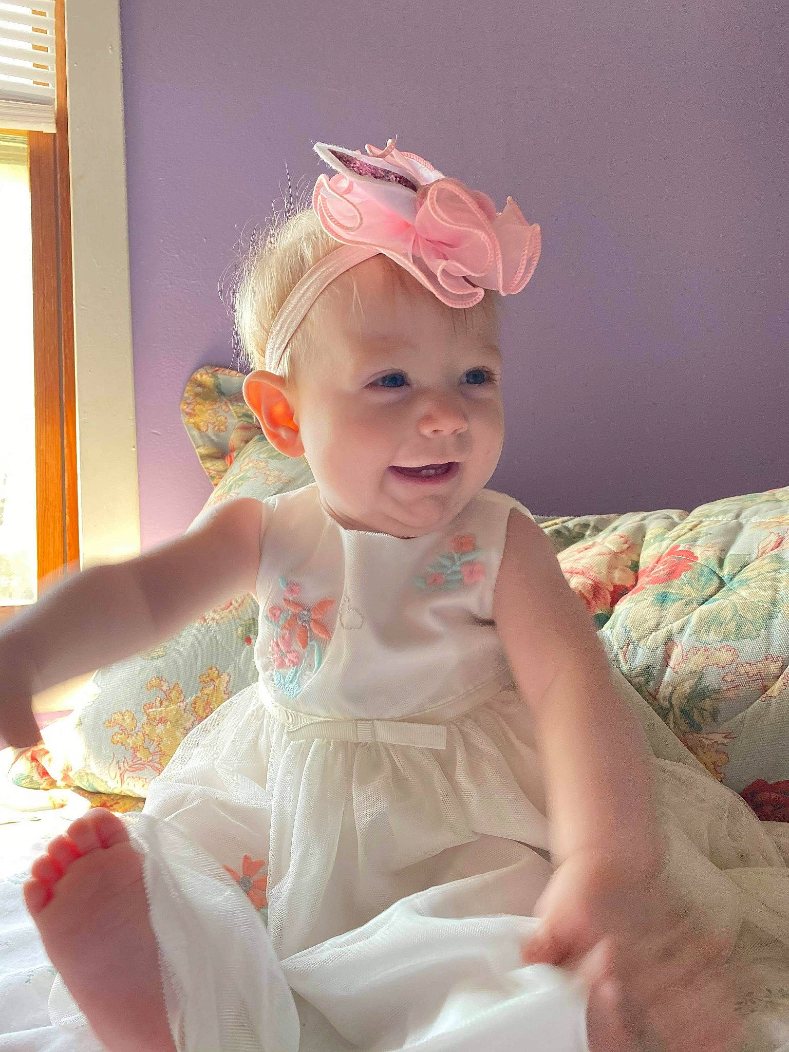 Saffire joined the competition — help win amazing prizes! baby, baby_toddler_clothing, bridal_accessory, child, costume_hat, dress, embellishment, event, fashion_accessory, fun, hair_accessory, happy, headband, headpiece, headwear, jewellery, peach, person, pink, skin
