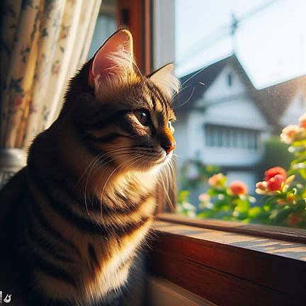 Bachir a rejoint le concours — aidez-le/la à gagner de superbes lots ! carnivore, cat, domestic_short_haired_cat, felidae, flower, fur, grass, paw, plant, sitting, small_to_medium_sized_cats, snout, tail, terrestrial_animal, tints_and_shades, tree, whiskers, wildlife, window, wood