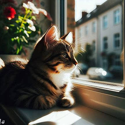 Bachir participe au concours pour gagner de l'argent avec cette photo : automotive_lighting, building, carnivore, cat, domestic_short_haired_cat, felidae, flowerpot, fur, grass, morning, plant, road, sitting, small_to_medium_sized_cats, snout, sunlight, tints_and_shades, whiskers, window, windshield