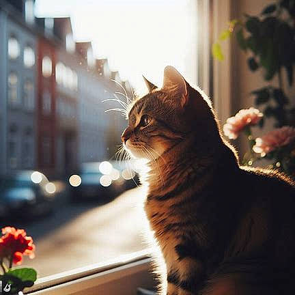 Bachir a rejoint le concours — aidez-le/la à gagner de superbes lots ! automotive_lighting, carnivore, cat, fawn, felidae, flower, flowerpot, grass, light, morning, plant, small_to_medium_sized_cats, snout, sunlight, tail, tints_and_shades, tree, whiskers, window, wood